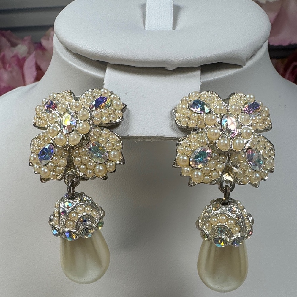 Vintage Tara Elegant Pearl and Crystal Drop Earrings